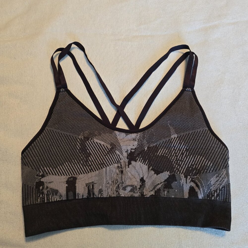 Adidas Seamless Strappy Sports Bra Grey Black Abstract Pattern Women's Size M